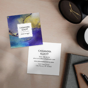 Cartão De Visita Quadrado Arte Líquida Azul Roxo e Dourada