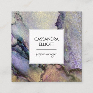 Cartão De Visita Quadrado Arte Líquida de Tinta de Álcool Dourada Iridesce