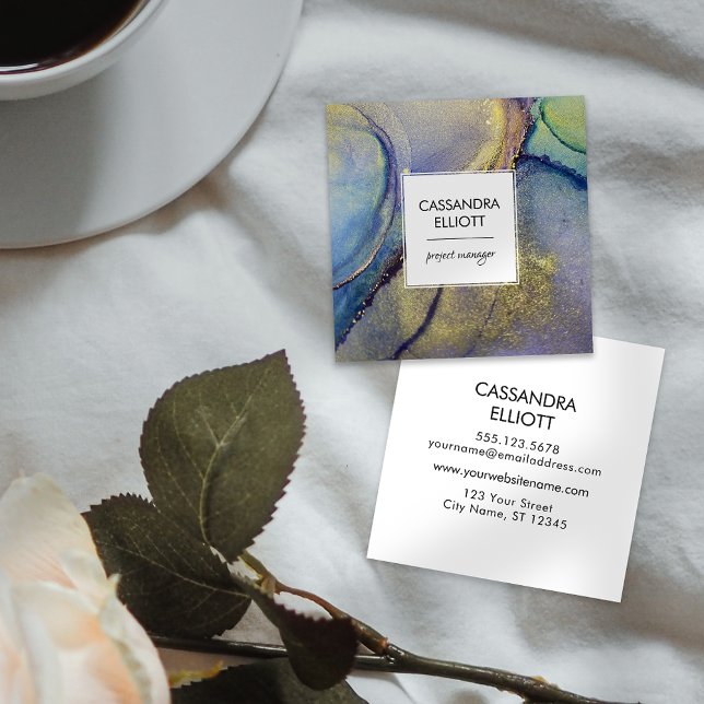 Cartão De Visita Quadrado Arte Líquida Dourada Iridescente Multicolor (Criador carregado)