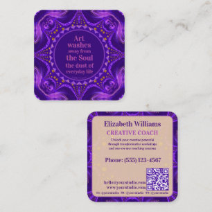 Cartão De Visita Quadrado Arte Mandala Criativa de Ouro Roxo Coach c/ código
