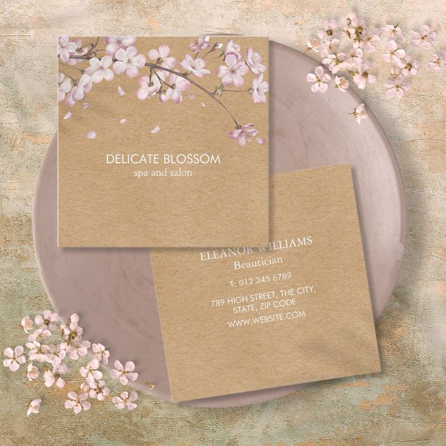 Cartão De Visita Quadrado Artesanato Russo Delicar Praça Rosa do Flor (Rustic Craft Delicate Blossom Pink Square Square Business Card)