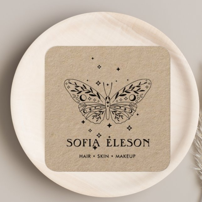 Cartão De Visita Quadrado Artesanato Rústico Neutro Borboleta Negra Salão de (Criador carregado)