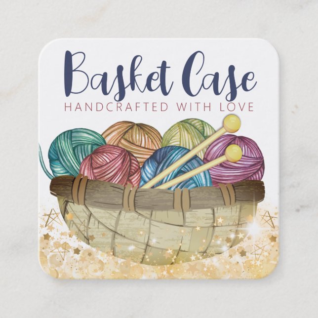 Cartão De Visita Quadrado Artesanatos de tricô agulhas com cesto de fios (Frente)