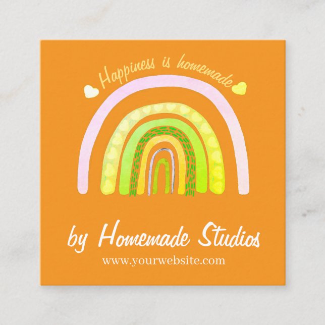 Cartão De Visita Quadrado Artisan Rainbow 'Happiness is Homemade'  (Frente)