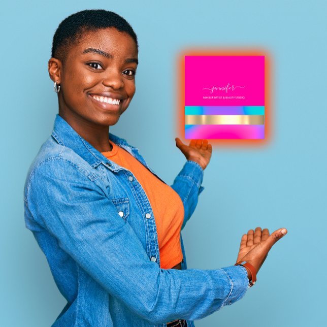 Cartão De Visita Quadrado Artista de ativação profissional Holográfico azul  (Professional Makeup Artist Holographic Blue Pink Square Business Card)