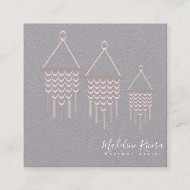 Cartão De Visita Quadrado Artista de Macrame Bonito, Design Rosa Feita à Mão (Frente)