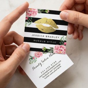 Cartão De Visita Quadrado Artista de Makeup Lábios Dourados Floral Black Whi
