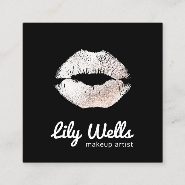Cartão De Visita Quadrado Artista de Makeup legal Prata Lábios de beijo Pret (Frente)