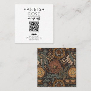 Cartão De Visita Quadrado Artista de Maquiagem Boho Código QR Floral Terraco