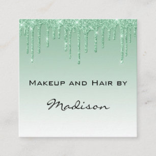 Cartão De Visita Quadrado Artista de Maquiagem Glam Green Dripping Glitter D