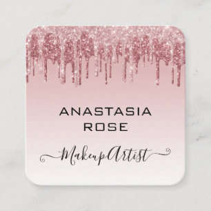 Cartão De Visita Quadrado Artista de Maquiagem Rosa Dourado Glam Glitter Dri
