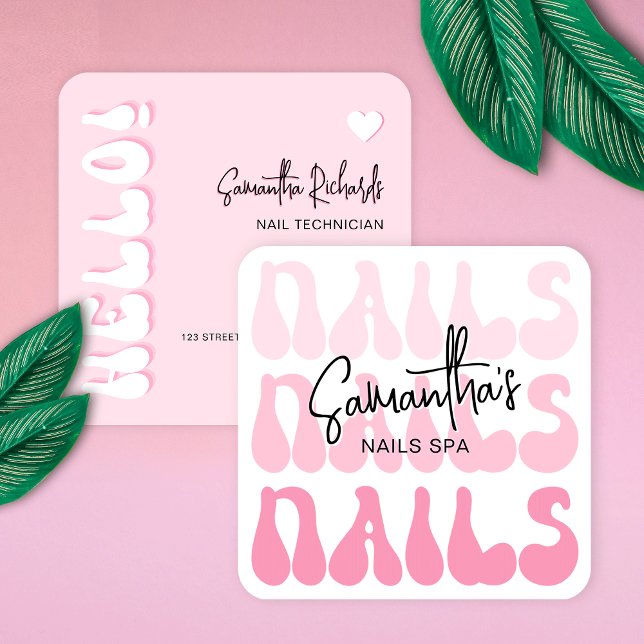 Cartão De Visita Quadrado Artista de prego moderno cor-de-rosa retrorado Man (Trendy and chic nails spa business cards in girly pink with retro fonts)