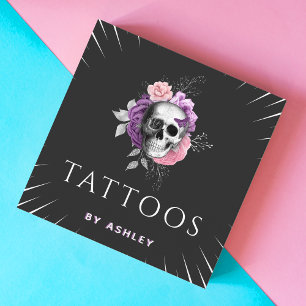 Cartão De Visita Quadrado Artista de Tatuagem Crânio Floral Botânico Folhas
