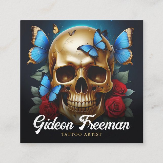 Cartão De Visita Quadrado Artista de Tatuagem de Borboleta Dourada Única (Frente)