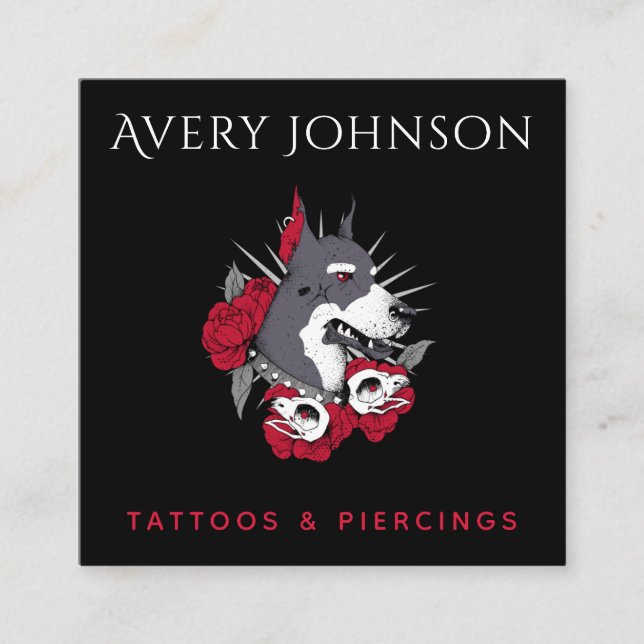 Cartão De Visita Quadrado Artista de Tatuagem de Cachorro Floral Punk Rock (Frente)