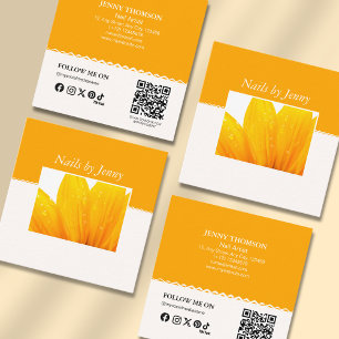 Cartão De Visita Quadrado Artista de Unhas Florais Laranja Branco Moderno El