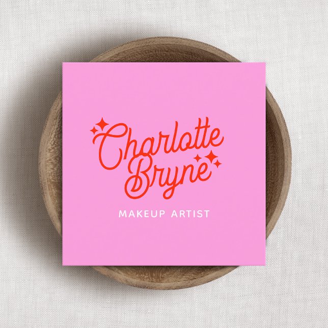 Cartão De Visita Quadrado Artista Retro-Makeup Rosa (Criador carregado)