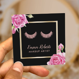 Cartão De Visita Quadrado Artista Rosa do Makeup Lashes Modern Floral Dourad