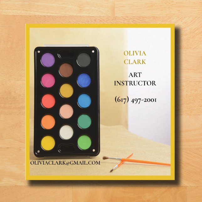 Cartão De Visita Quadrado Artista/Tutor/Educador Amarelo Brilhante (Yellow Business Card Multicolor Water Palette )