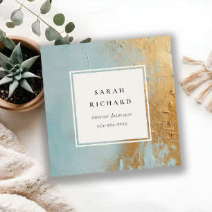 Cartão De Visita Quadrado Artístico Dusky Aqua Azul Dourado Óleo Textura