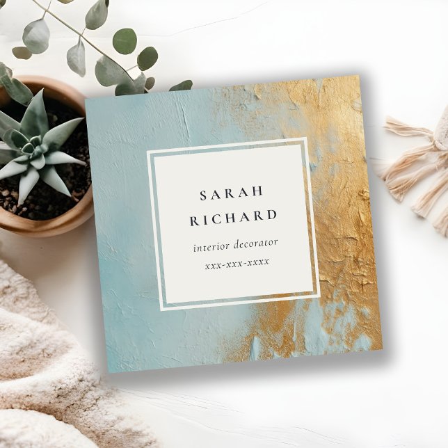 Cartão De Visita Quadrado Artístico Dusky Aqua Azul Dourado Óleo Textura (Criador carregado)