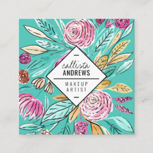 Cartão De Visita Quadrado Artsy Elegante Cor Floral Floral A Cor Do Teal Ros
