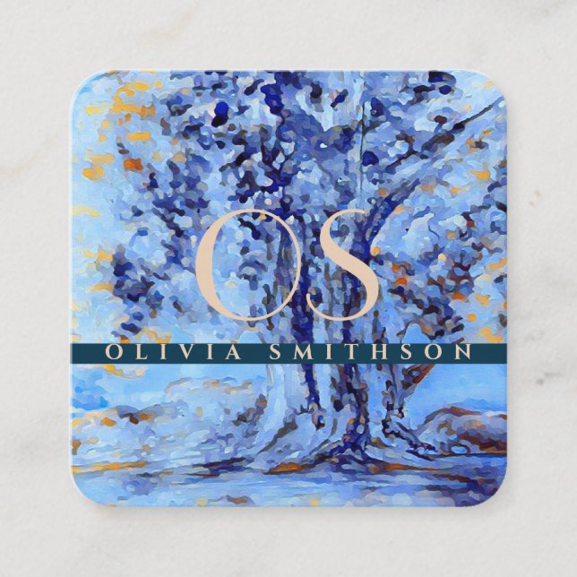 Cartão De Visita Quadrado Árvore Artística Profissional Monograma QR (Frente)