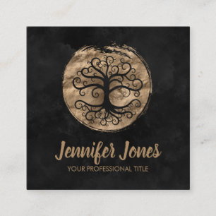Cartão De Visita Quadrado Árvore de vida dourada - na aguarela preta