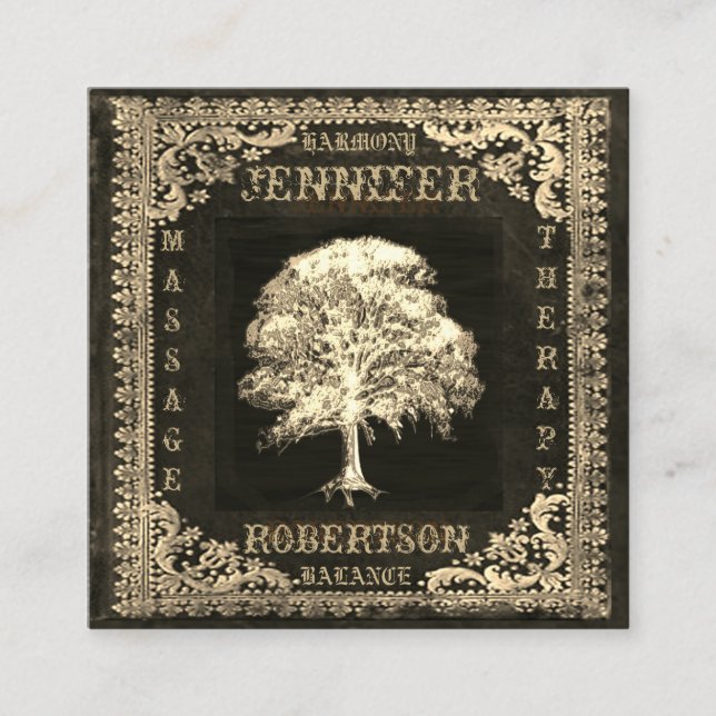 Cartão De Visita Quadrado Árvore de vida e do linho rústico (Frente)