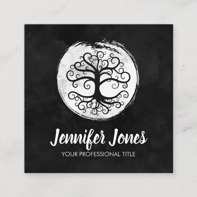 Cartão De Visita Quadrado Árvore do branco da vida na aguarela preta (Frente)