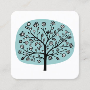 Cartão De Visita Quadrado Árvore Flor - Verde Azul Claro