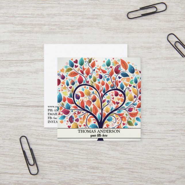 Cartão De Visita Quadrado Árvore Personalizada Moderna da Vida - Folhas Colo (Frente/Verso In Situ)