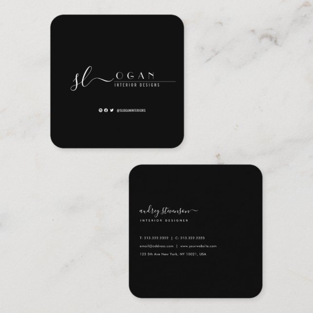 Cartão De Visita Quadrado Assinatura Chic Profissional Preta e Branca (Frente/Verso)