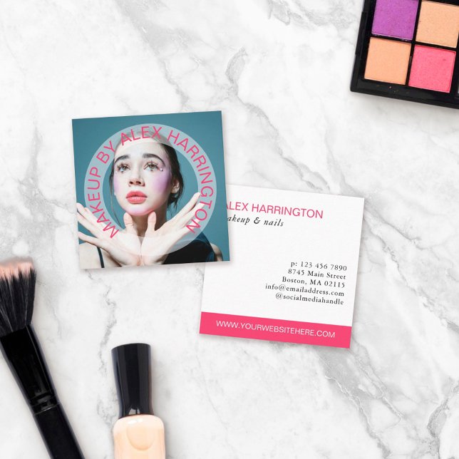 Cartão De Visita Quadrado Ativação de Fotografias de Texto Rosa Quente Curva (Criador carregado)