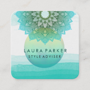 Cartão De Visita Quadrado Azul - Cor d'água Lotus Floral Mandala Yoga