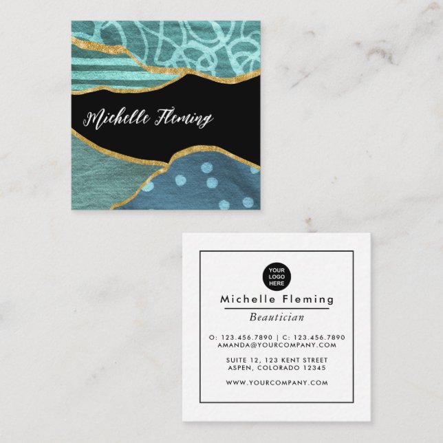 Cartão De Visita Quadrado Azul e Dourado Tecido Linen Denim Square Business  (Frente/Verso)