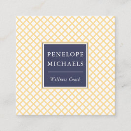 Cartão De Visita Quadrado Azul Elegante com padrão amarelo de treliça