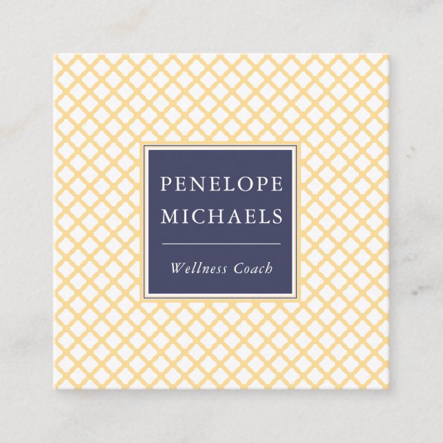 Cartão De Visita Quadrado Azul Elegante com padrão amarelo de treliça (Frente)