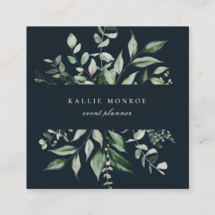 Cartão De Visita Quadrado Azul Escuro Foliage de Aquarela Elegante