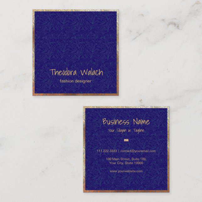 Cartão De Visita Quadrado Azul Floral Dourado de luxo (Frente/Verso)