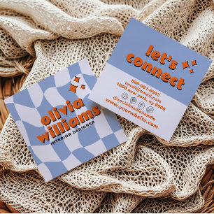 Cartão De Visita Quadrado Azul Laranja Retro Grita Xadrez Tendência Divertid
