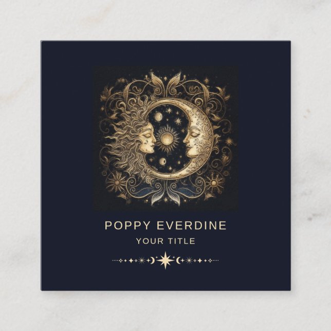 Cartão De Visita Quadrado Azul-Lua Mística Celestial Dourado (Frente)