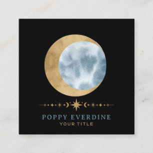 Cartão De Visita Quadrado Azul-Lua Mística Celestial Dourado