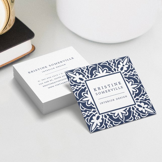 Cartão De Visita Quadrado Azul Marinho | Estilo Elegante marroquino (Criador carregado)