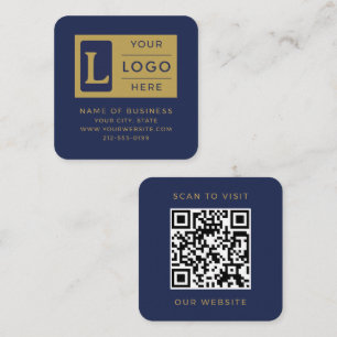 Cartão De Visita Quadrado Azul Naval Elegante Código QR Dourado Logotipo Per