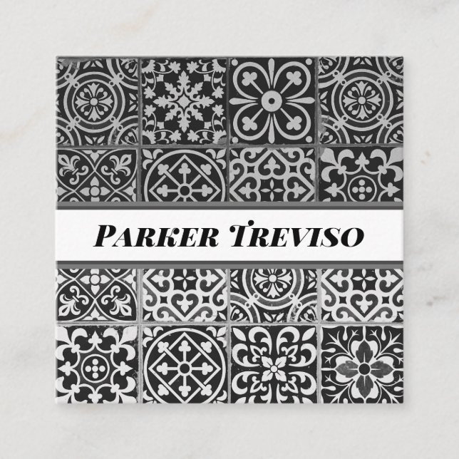 Cartão De Visita Quadrado Azulejo modelado Paisley preto e branco (Frente)