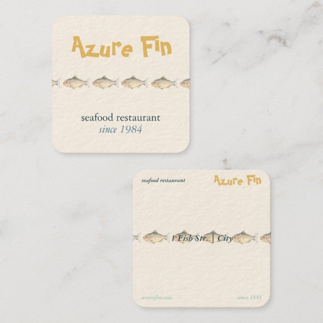 Cartão De Visita Quadrado Azure Fin Coastal Fish Patteral Restaurante de Mar (Frente/Verso)