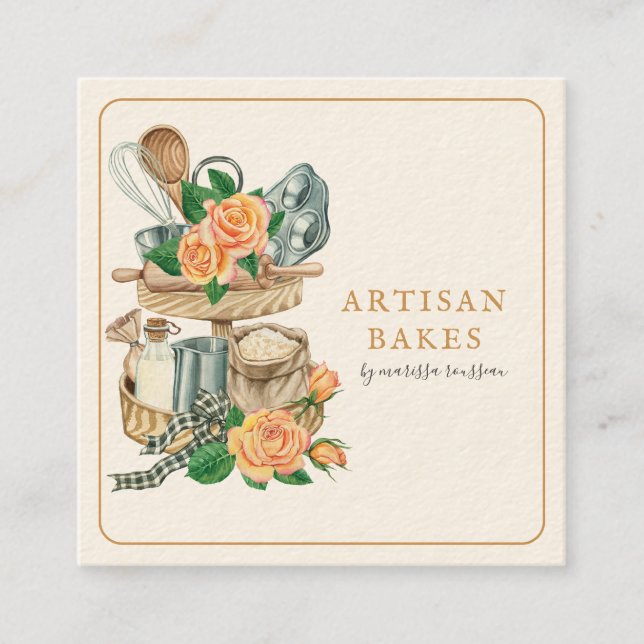 Cartão De Visita Quadrado Baker Bakery Baking Utensils (Frente)