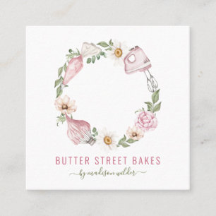 Cartão De Visita Quadrado Baker Pastelaria Aquarela Utensil Floral