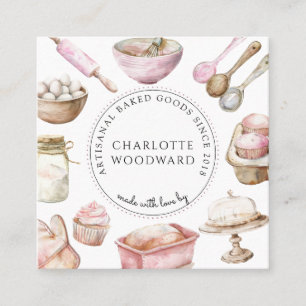 Cartão De Visita Quadrado Baker Pink Aquarela Sobremesas Utensílios
